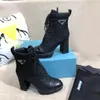 Woman Ankle boot Winter Knight Martin boots Luxury Designer Brushed shoes Leather And Nylon Fabric Ankle Boot Triangle-logo black block heeled lace up 35-42Box