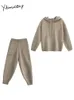 Womens Two Piece Pants Yitimucong Sticked Set Casual Hooded Spets långärmad topp Topp Vintage High midja 231120