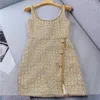 Two Piece Dress AW Arrive Women Two Pieces Sets Camel Golden Tweed Round Neck Coat Slip Mini Dress With Sequins And Diamonds 230421