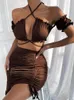 Work Dresses Fairyshely 2 PCS Sexy Ruffle Mini Dress Set 2023 Brown Crop Top Summer Skirts Suits Bodycon Women Party Tight Short Suit