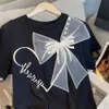 T-shirt femme Style été T-shirts T-shirts Lady Casual manches courtes O-Neck Bow Tie Décor Coeur Imprimé Tops Chemises 230421