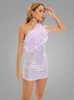 Casual Dresses Sexig One Shoulder Shiny Sequin Feather Bodycon Mini Dress Elegant Lavender Sleeveless Backless Designer Party Club