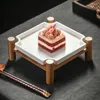Piatti Piatto da bistecca creativo nordico Display per torta da dessert in ceramica con cornice in legno Stoviglie da cucina per barbecue per feste in famiglia