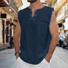 Camisetas sin mangas para hombre Moda para hombre Summe Algodón Lino Camisa sin mangas informal Suelta con cordones Cuello en V Bolsillo Camisetas Hombre Streetwear 230421