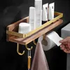 Bathroom Shelves Bathroom Shelf Bath Shower Shelf With Towel Hanger And Hook Wood Corner shelf Wall Mounted Brushed Gold Kitchen Storage holder 230421