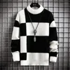 Herrtröjor Autumn/Winter Warm tröja Casual Patch Colorful Stickover Pullover Checkered Round Neck Clothing 4xl