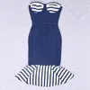 Casual Dresses 2023est Lady Strapless Skinny Bandage Dress Blue Stripe Design With Flounced Edge Fashion Sexig Club Evening Party Gown Summer