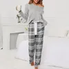 Dames tweedelige broek dames 2 outfits losse pyjama met lange mouwen geruite broek zachte bijpassende set nachtkleding elastische taille homewear