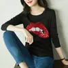 Dames T-shirts Vrouwen Katoen Grappig Lovertjes T-shirt Mode Pailletten Rode Lippen Dame Lange Mouw T-shirt O-hals Kawaii T-shirt femme