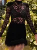 Robes décontractées Sexy Black Lace Jacquard Femmes Robe Slim Plume Hip Package Bodycon Femme Winter Party Manches longues Lady Robes