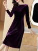 Vestidos casuais roxo midi elegante vintage mulheres vestido veludo luxo 2023 moda coreana festa baile outono inverno boho manga longa