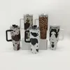 US Stock 40oz H2.0 roestvrijstalen tuimelaars Cups met deksels en stro cheetah dierlijke koe print luipaard warmte conservering reisauto mokken grote capaciteit water flessen