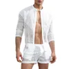 Survêtements pour hommes Ropa Hombre Automne 1 Set Hommes Top Shorts Creux Out Couleur Solide Dentelle Voir à travers la tenue pour la nuit de mariage Mens Two Piece Suits 230421