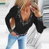 Camisetas para mujer Mujeres Negro Casual Sexy Deep V Slim Fits Camisetas Tops Y2K Rhinestone Top de manga larga Otoño Moda Camisetas ajustadas