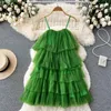 Casual Dresses 6 Colors Fashion Yellow Pink Green Mini Fairy Dress Sexy Pleated Mesh Ruffles Cake Summer Holiday Sleeveless Sling