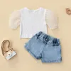 Ensembles de vêtements 2pcs Fashion Girls Vêtements Summer Outfit Mesh Bubble-Sleeve Knit Blouse Ruffle Denim Shorts pour enfants 6 mois à 4 ans