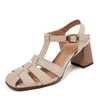 Sandals Genuine Leather Retro High Heels Summer 2023 Closed Toe Hollow Sandal Sexy Ladies Beige Brown T-Strap Party Shoes