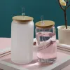 Warehouse US – tasses en verre givré transparent à Sublimation de 16oz, gobelets à vin en forme de canette avec couvercles en bambou et pailles, gobelets à queue 0515