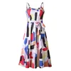 Casual Dresses Summer Elegant Elastic Sunflower Print Beach Dress Women Sexy Spaghetti Strap Mid-Calf A-line Lady Ruffles Belt