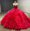 Fuchsia Roze Baljurk Quinceanera Jurken Luxe Kristal Corset Lace-up Clound Ruches Rok Prinses vestido de 15 anos