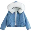 Vestes Femmes Mode Femmes Denim Veste Automne Hiver Peluche Chaud Fluffy Collier De Fourrure À Capuche Bomber Jeans Manteau Plus Taille