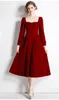 Casual Dresses Vintage Bourgogne Red Velvet Dress Woman Solid Puff Sleeve Square Collar Elegant Lady Dinner Hepburn Retro Vestido Festa