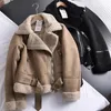 Women's Fur Faux Fur Winter Vintage Suede Lamb Short Jacket Women Thick Warm Moto Bike Black Coat Female Sashes Faux Leather Jacket Outwear with Belt 231120