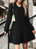 Casual Dresses Autumn Winter V Neck Long Sleeve Mini Dress Women's Fashion Solid Patchwork Loose A-line Elegant Ladies Clothing