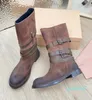 Low Heels Mid Calf Boots Belt Buckle Combat Booties Shoes Female Party Dress