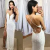 White Velvet Sequins Prom Dresses 2024 Split V Neck Sleeveless Sparkle Spaghetti Strap Corss Back Formal Evening Gowns Birthday Party Wear Outfit Robe De Soiree