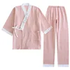 Kvinnors sömnkläder japanska kimono pyjamas kvinnor 100% bomullsgaspyjamas uppsättning v-hals tre kvartal solid sömnkläder plus storlek två bit set sommar 230421