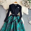 Casual Dresses Slim Vintage Dress Women Lace-up Knit Patchwork Floral Print Vestidos Femenino Womens V-ring Fransk domstol Retro Dropship