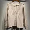 Women's Blouses Shirt 2023 Cotton Lace Trim V-Neck Pearl Buttons Single Breasted Solid Color Sexy Long Sleeve Blouse