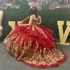 Beautiufl Rouge Quinceanera Robes 2023 Avec Dentelle D'or Sexy Bretelles Spaghetti Robe De Bal Doux 16 Robe De Soirée À Lacets Robes De Xv Charro Robe De Cérémonie D'anniversaire