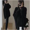 Pulls pour femmes Idle Style Loose Col rond Pull de couleur unie pour femmes 2023 Automne et hiver Nouveau coréen Casual Side Slit tricoté p Dhqu1