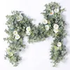 Dekorative Blumen 1,8 m künstliche Eukalyptus-Girlande Champagner Rose grüne Blätter Hochzeit Hintergrund Wanddekoration
