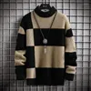 Herrtröjor Autumn/Winter Warm tröja Casual Patch Colorful Stickover Pullover Checkered Round Neck Clothing 4xl