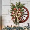 Decorative Flowers 1 Piece Door Pendant Farmhouse Carriage Wheel Christmas Ornament Wreath Pine Cone (40Cm)