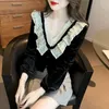 Women's Blouses Korean Style Autumn Spring Women Black Short Velvet Blouse V Neck Lace Ruffles Feminine Chic Ladies Elegant Shirt