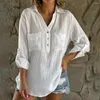 Women's Blouses Spring Autumn Lapel V-neck Shirt Tops Buttons Half Placket Patch Pockets Loose Fit Solid Color Pullover