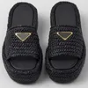 Raffia Flatform Sandals Sophisticated Texture Of Woven Raffia Gives Shape To The Design Of These Sandals With Flatform Sole Enameled Metal Triangle Logo 1XZ761