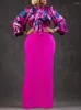 Work Dresses Women Two Pieces Set Printed Blouse Maxi High Waist Long Skirt Sleeves Bow Tie Collar Retro African Elegant Office Ladies