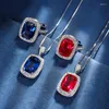 Collier Boucles d'Oreilles Ensemble Bijoux Fond en Cuivre Plaqué Or Simulation Corindon Rouge Spinelle Bleu Tempérament Style Gros Carré Femme 10 14