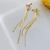 Stud Earrings Stainless Steel Gold Color Bar Long Thread Tassel Drop For Women Glossy Vintage Fashion Jewelry