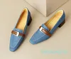 Pumps High Quality Denim Loafers Square Head Belt Buckle Comfortable Mid Heel Commuter Women's