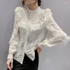 Blouses Femmes Femmes Chemises et bouton à manches longues Cardigan Printemps Automne Coréenne Dentelle Chemise en mousseline de mousseline à volants Harajuku Blanc Top 12i