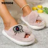 Chinelos Mulheres Inverno Chinelos Furry Faux Fur Chinelos Devil Eye Grosso Sole Flip Flops Cross Open Toe Plush House Slides Outdoor Chinelos T231121