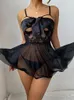 Work Dresses Black Hollow Out Lingerie Nightgown Bow Lacing Lace Sheer Mesh Sling Nightdress Thong Flower Pattern Sexy Erotic Set For Women