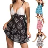 Kvinnors sömnkläder Kvinnor Se genom ärmlös tryckning Satin Sling Suspender Nightdress Sexig Nightie V Neck Lady Lace Pyjama