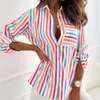 Kvinnors blusar Autumn Fashion Long Sleeve V-Neck Pocket Stripe Printed Shirt Elegant Single Breasted Office Casual Loose Blouse